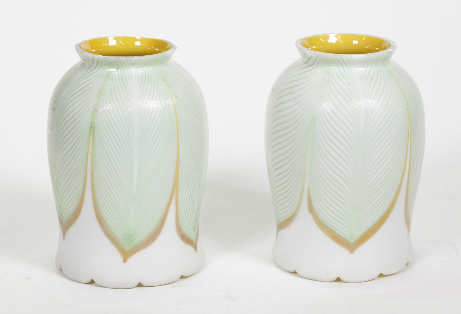 Pair "Quezal" Gold Pulled Feather Glass Shades (1 of 5)