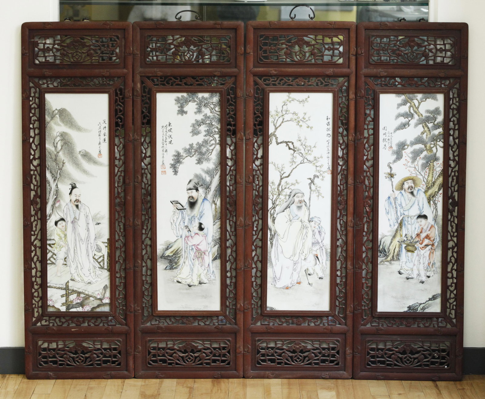 Large Chinese 4 Panel "Scholars" Porcelain Screen (1 of 6)