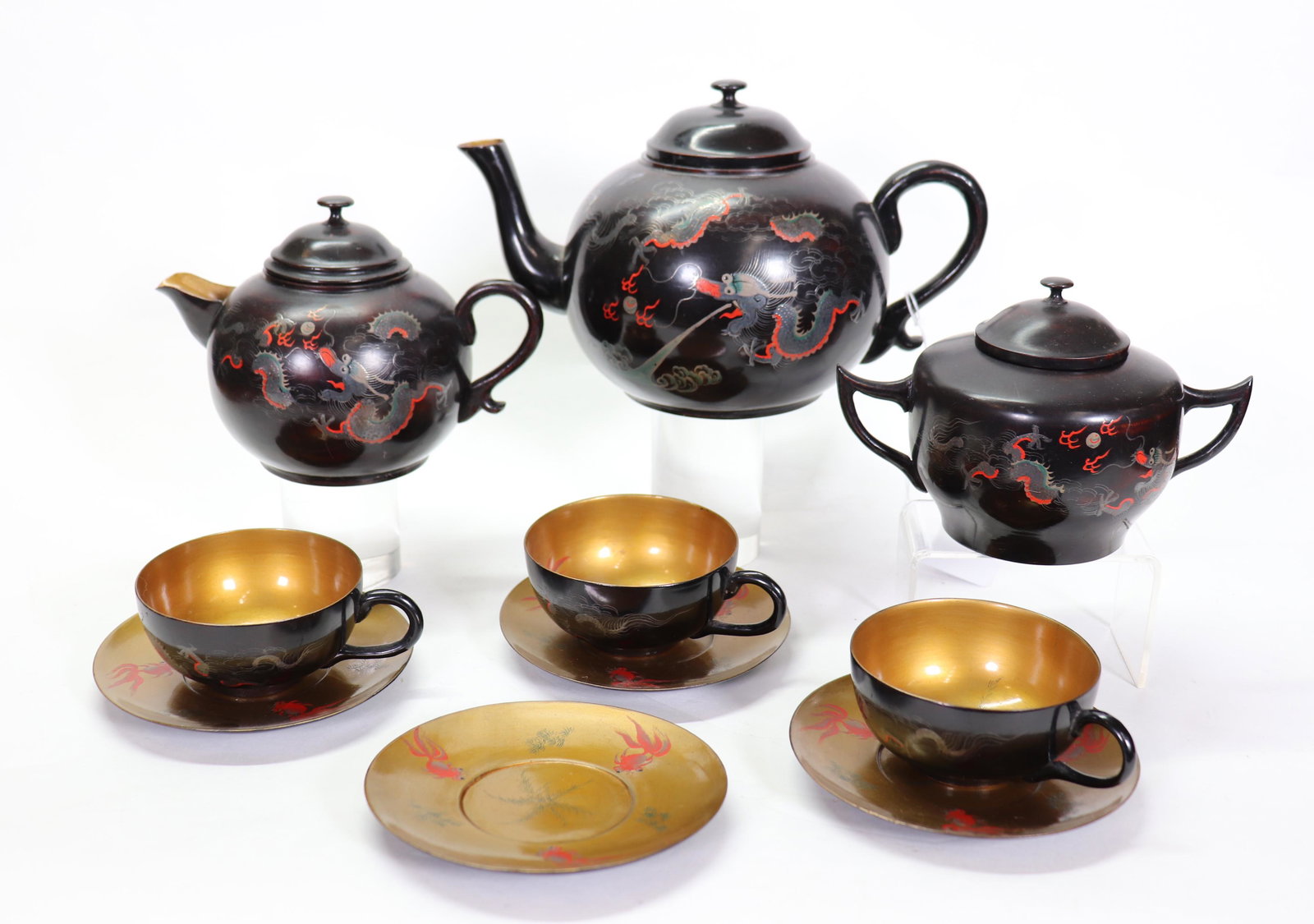 10 Part Chinese Fujian Dragon Lacquer Teapot Set (1 of 10)