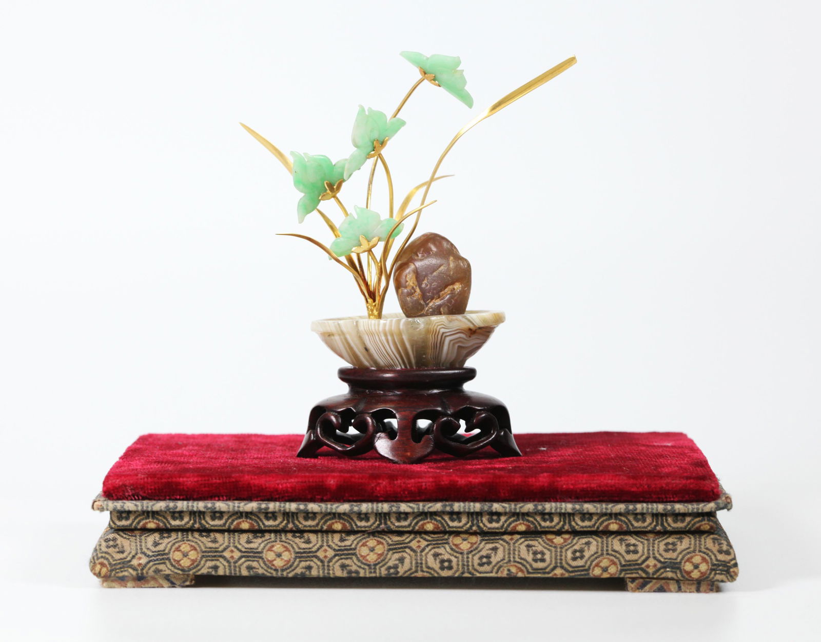 Chinese Jadeite, Agate & 14K Gold Gemstone Tree (1 of 6)