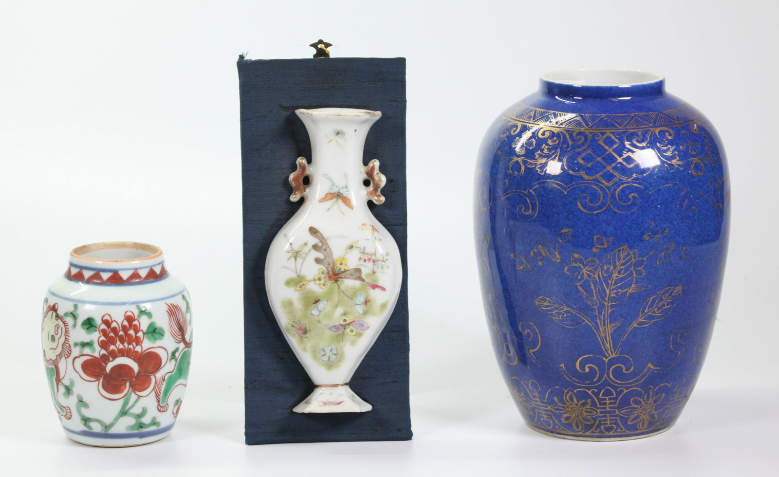 3 Chinese Porcelains; Wall Vase Wucai Blue & Gold (1 of 6)