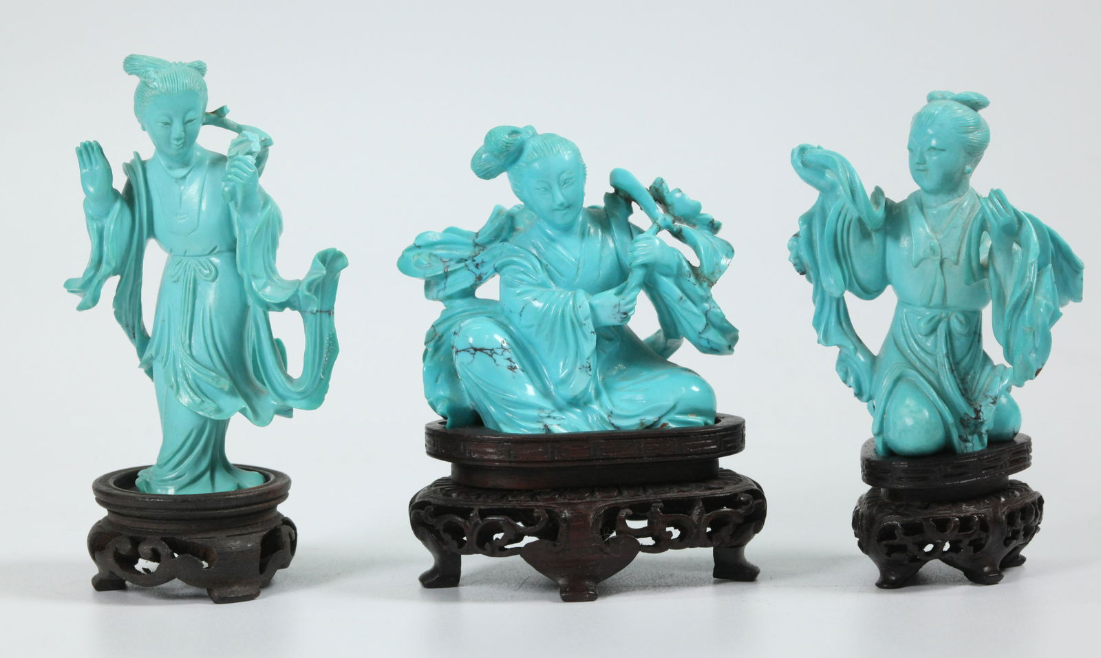 3 Chinese Well Carved Turquoise Dancing Girls (1 of 5)