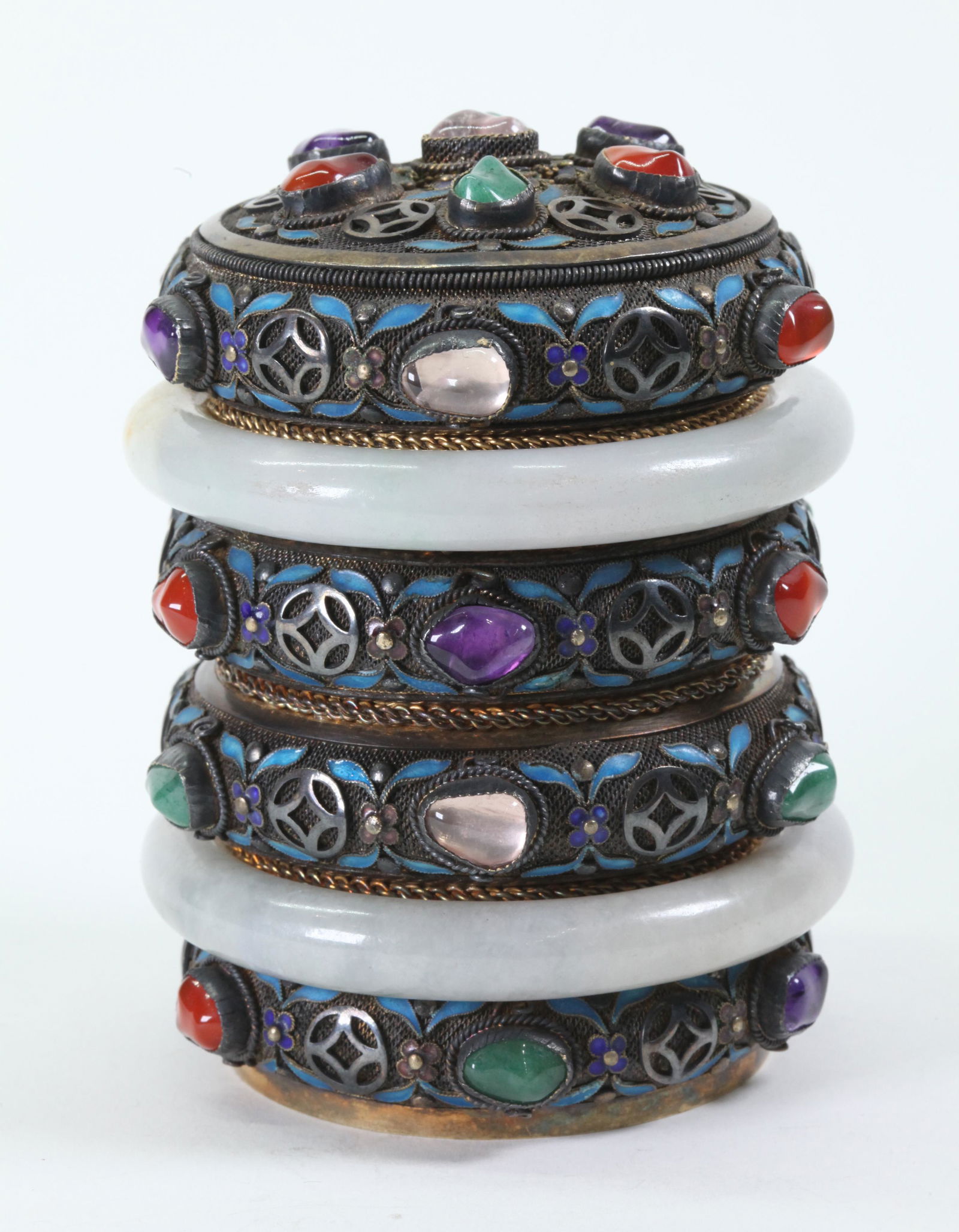 Chinese Silver Tea Caddy Jade Bangles & Gemstones (1 of 5)