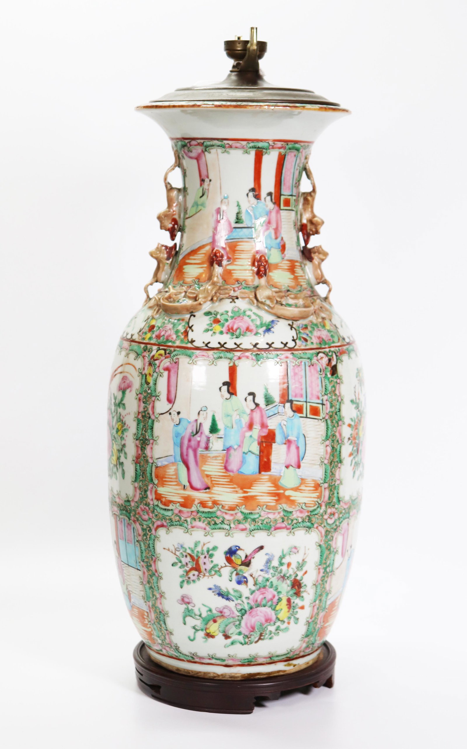 Chinese Rose Mandarin Figure Porcelain Vase: Chinese Rose Mandarin Figure Porcelain Vase, the neck with pairs of gilt double Dog handles and the shoulders with pairs of gilt confronting Dragons; now mounted with wood stand and metal top to form 