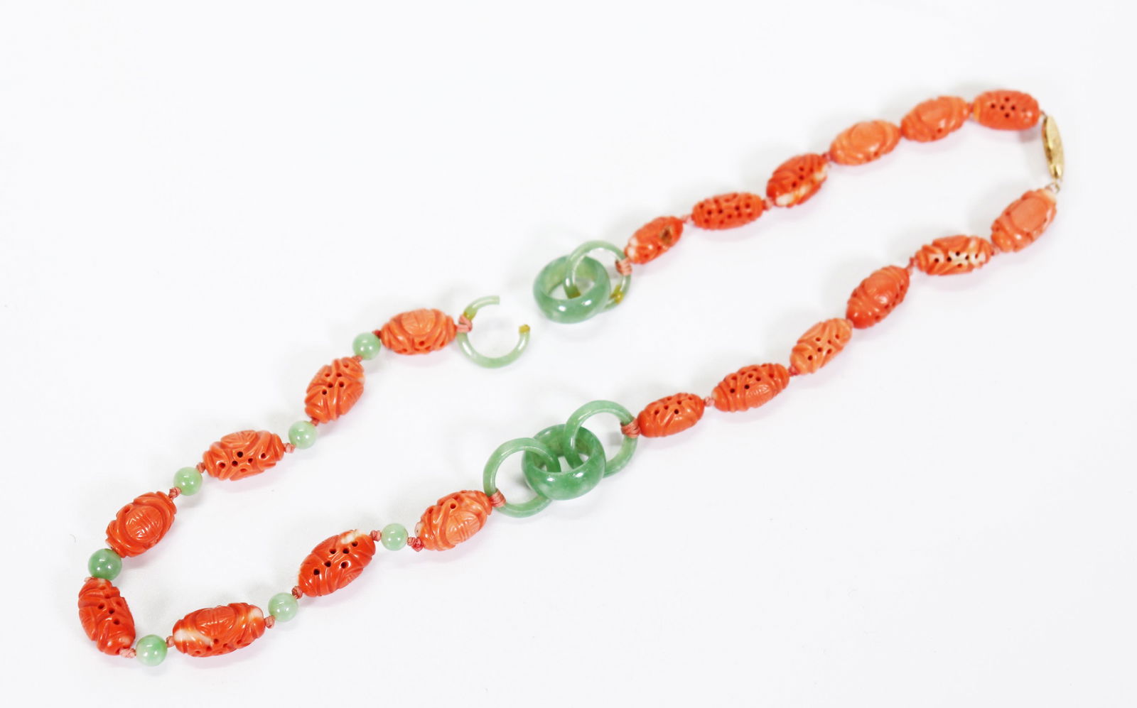 20 Chinese Qing Carved Coral Beads; 7 + 4 Jadeite (1 of 5)