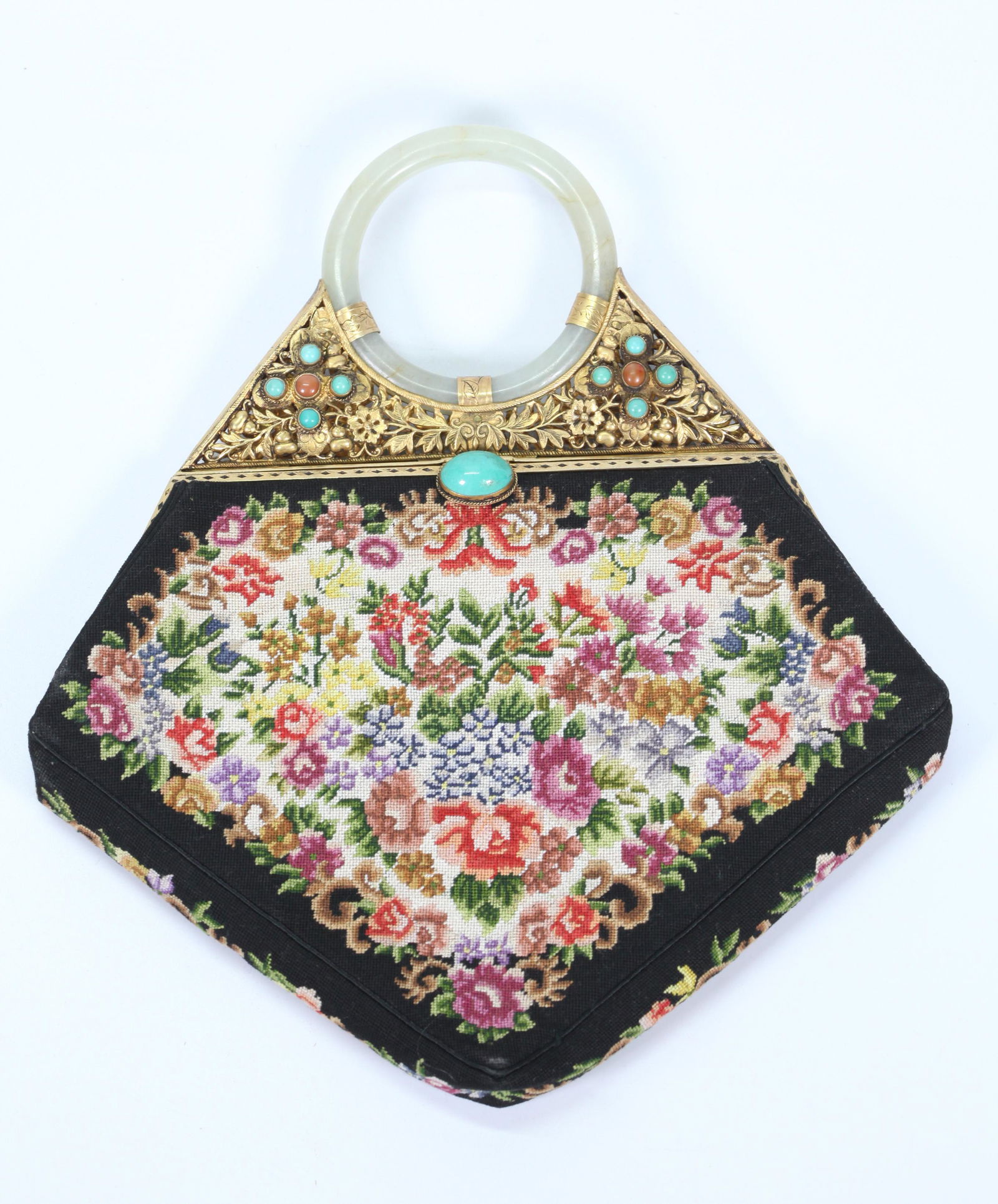 Chinese Qing Jade Handle Petit Point Handbag (1 of 4)