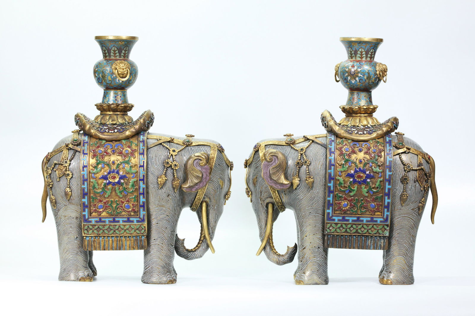 Pr Chinese Gilt Bronze Cloisonne Elephants & Vases (1 of 6)