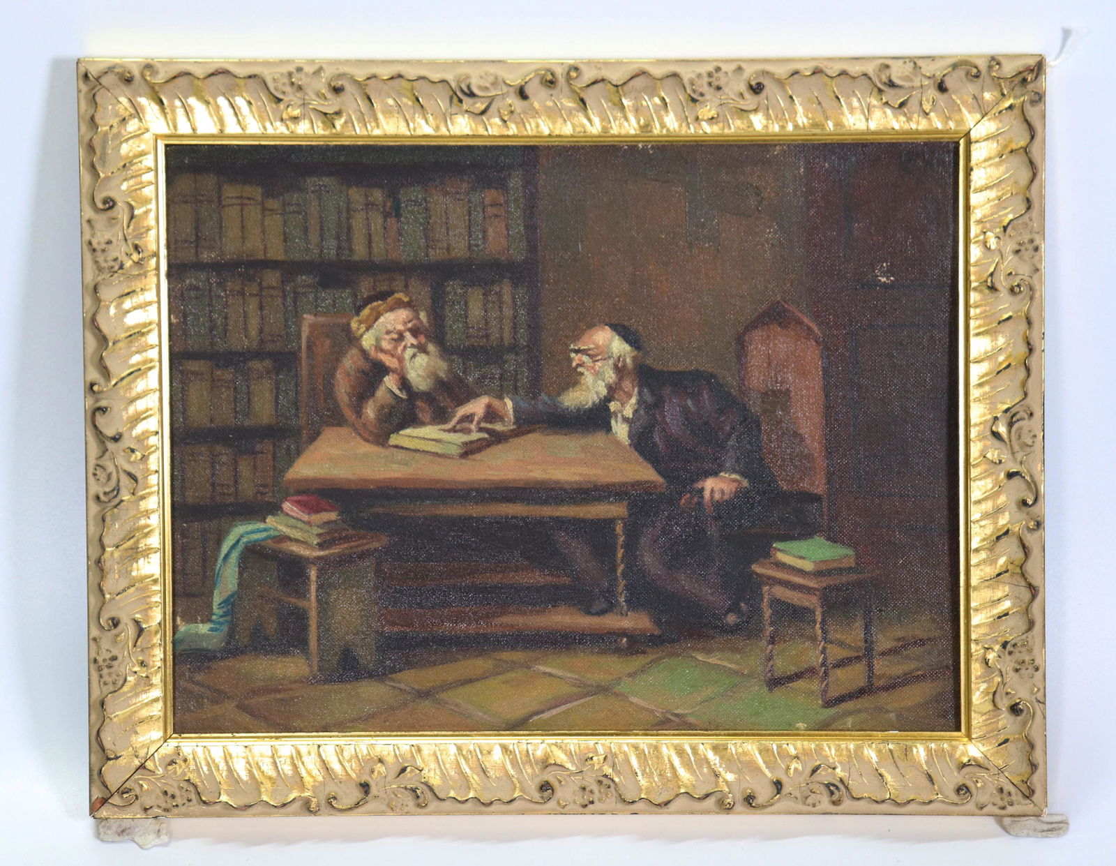 Judaica; Oil Canvas Board Talmudic Scholars Debate (1 of 3)