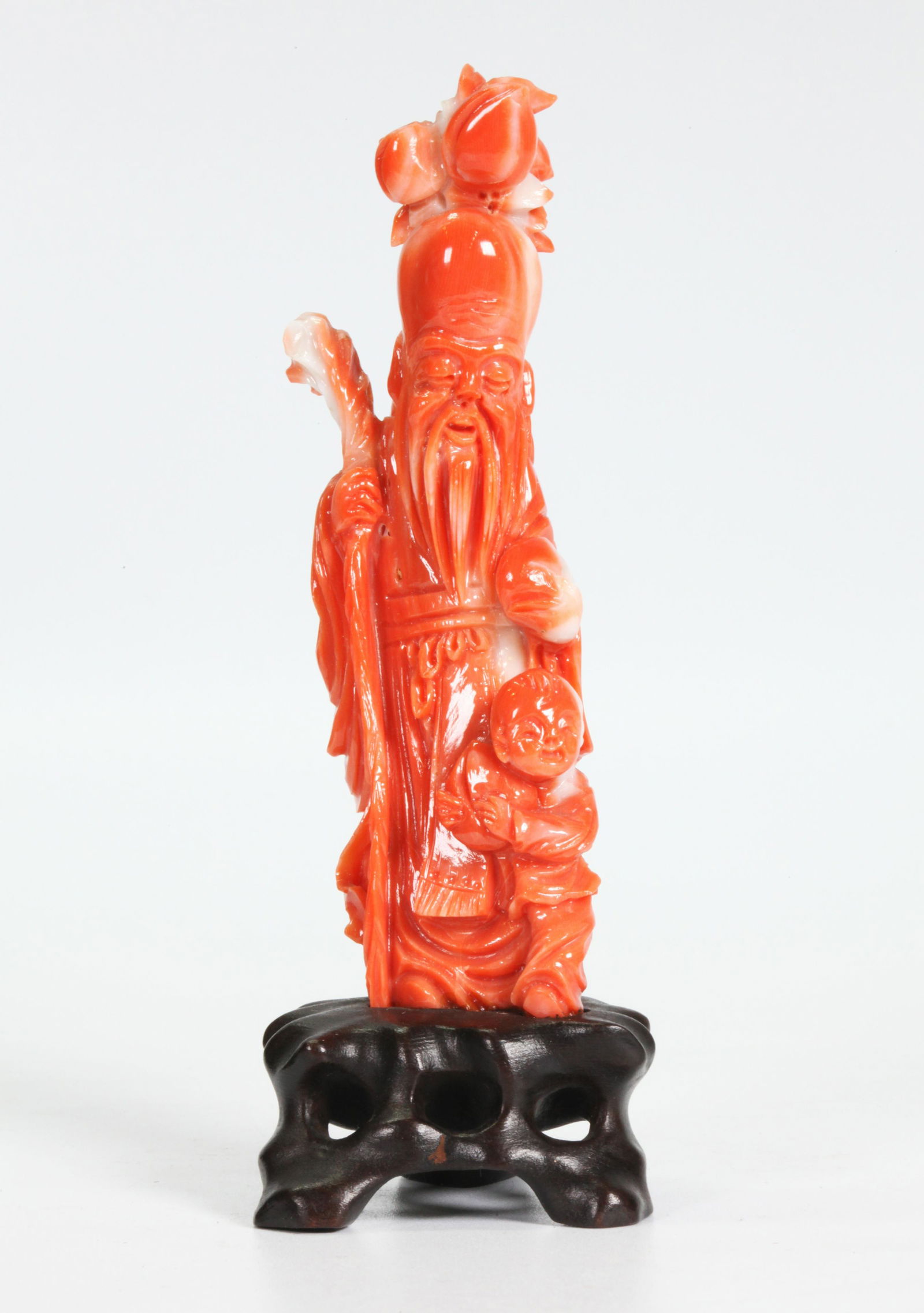 Chinese Coral Shouxing & Boy, Wood Stand; 97G (1 of 5)