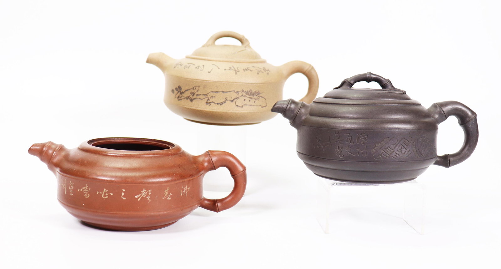 3 Chinese Yixing "Bamboo" Style Incised Teapots (1 of 10)