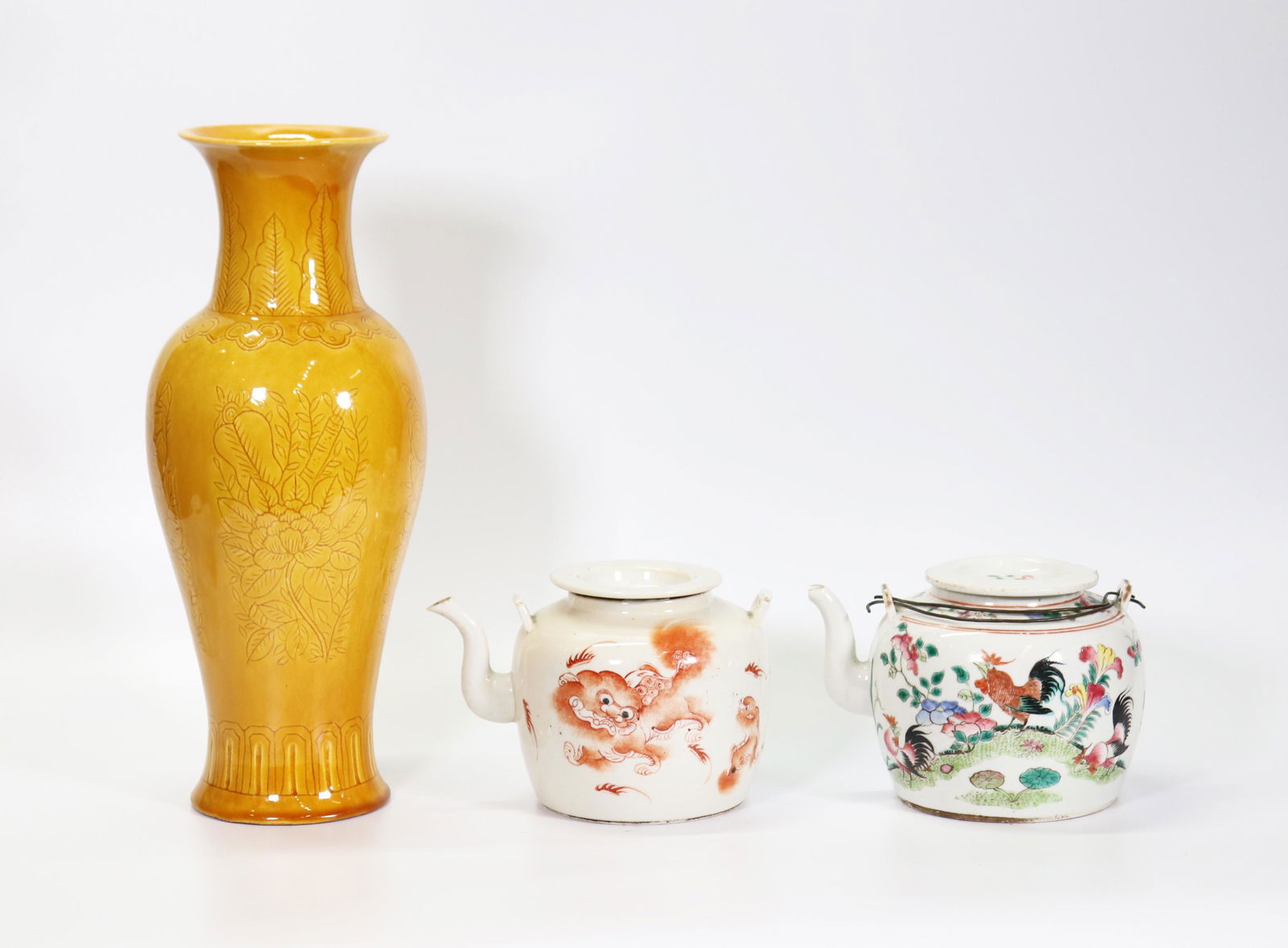 3 Chinese 19 C Porcelains: Yellow Vase, 2 Teapots (1 of 9)