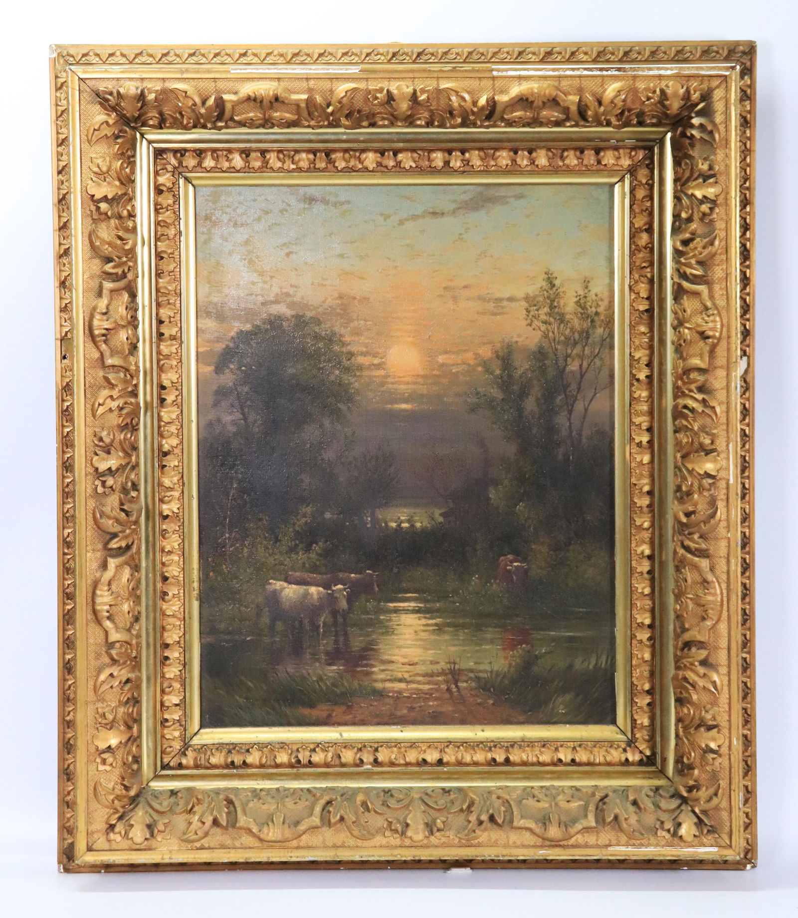 American 19th C Oil Painting Cow Pond at Sunset (1 of 5)