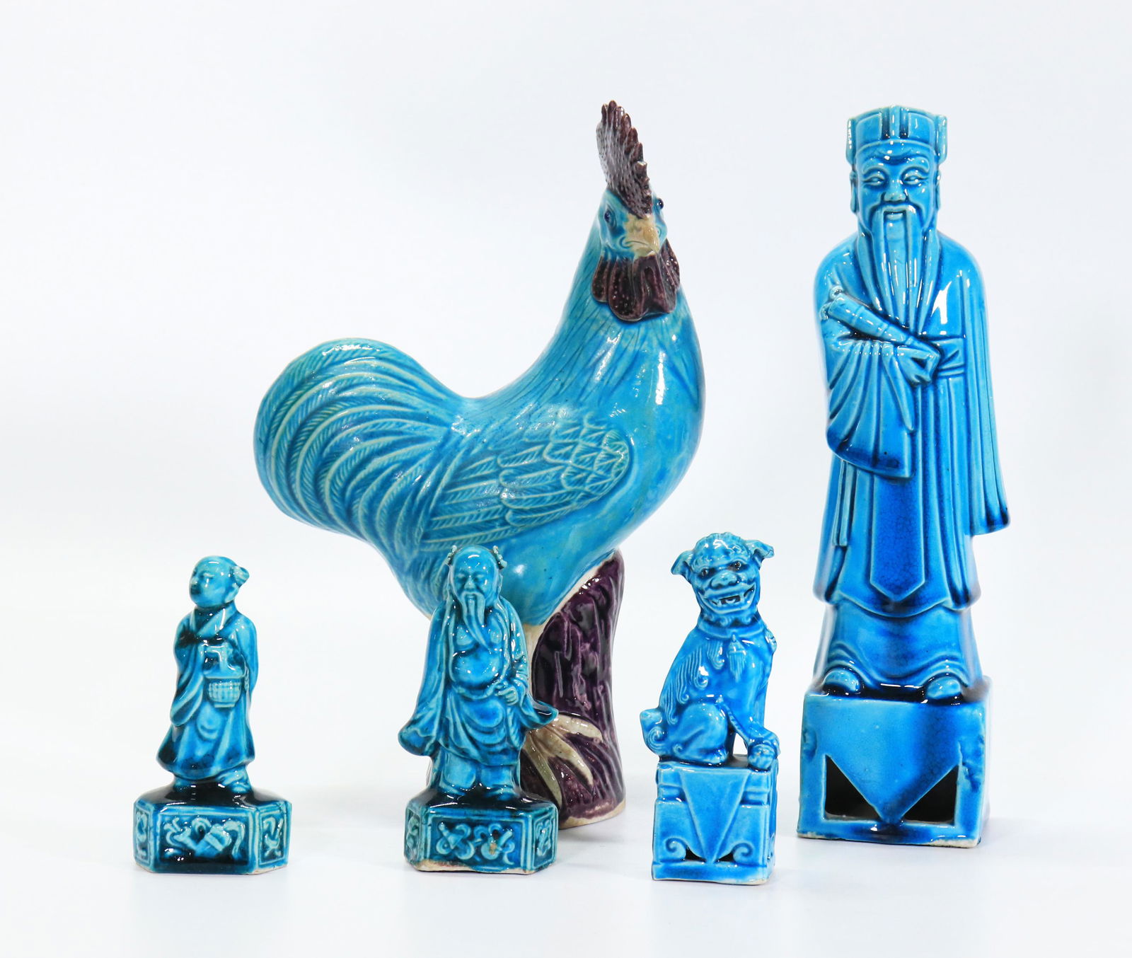 5 Chinese Figures Turquoise on Biscuit Porcelain (1 of 6)