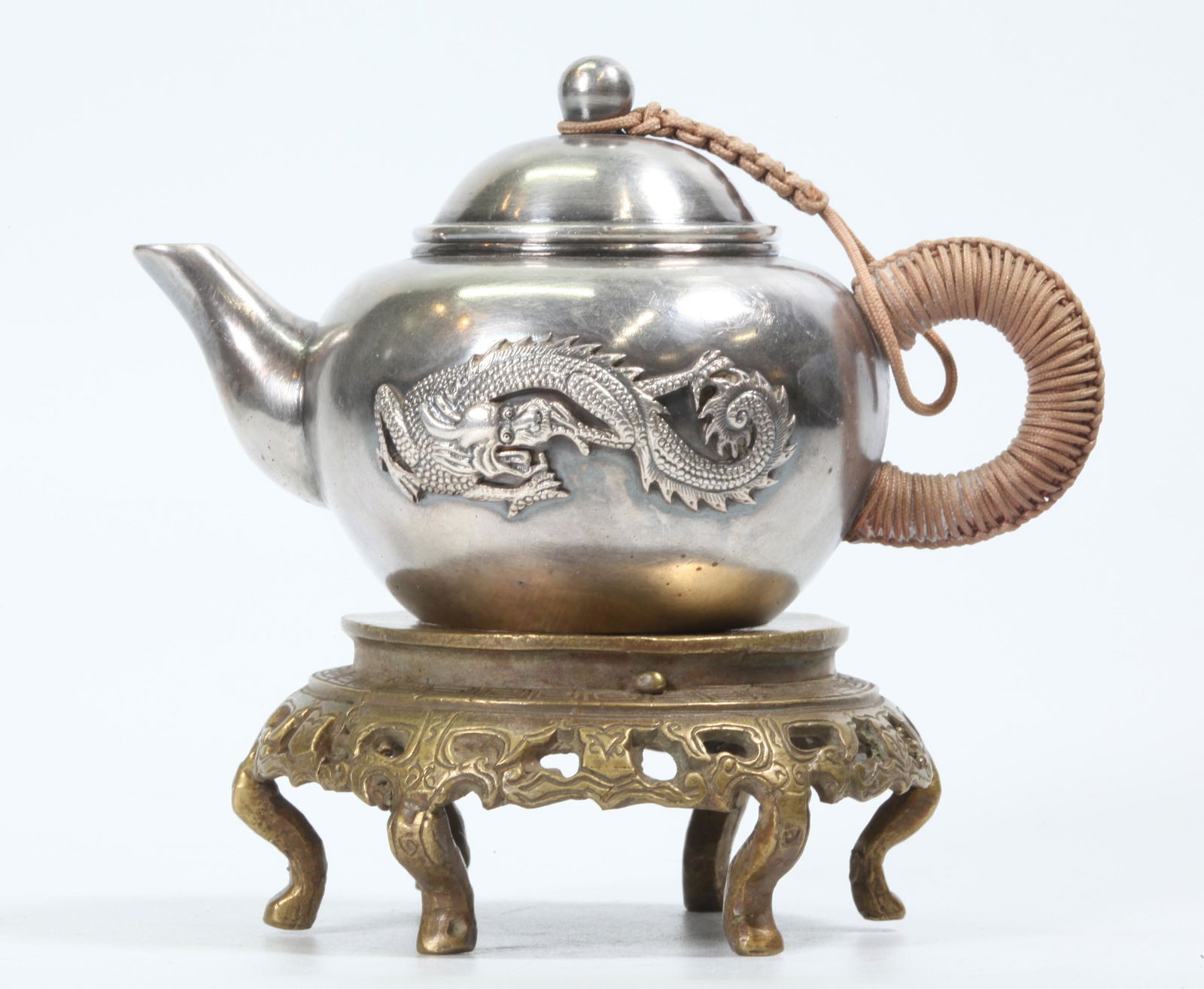 Chinese Silver Teapot on Bronze Flat Stand (1 of 5)