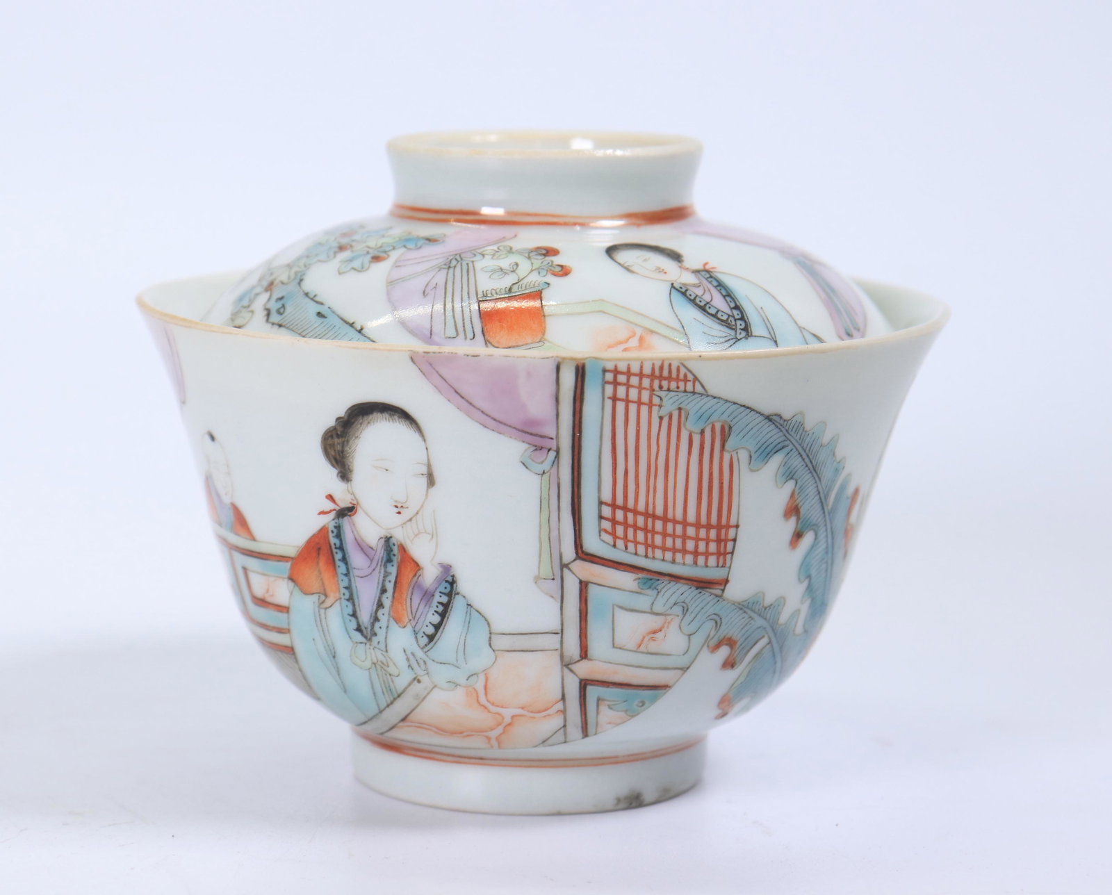 Chinese 19 C Enameled Porcelain Teacup and Cover: Chinese 19 C Enameled Porcelain Teacup and Cover with a design to both parts of Beautiful Ladies seated in "Moon Windows" with "Ink" Calligraphy to the back; inside base and cover top with Tongzhi sea