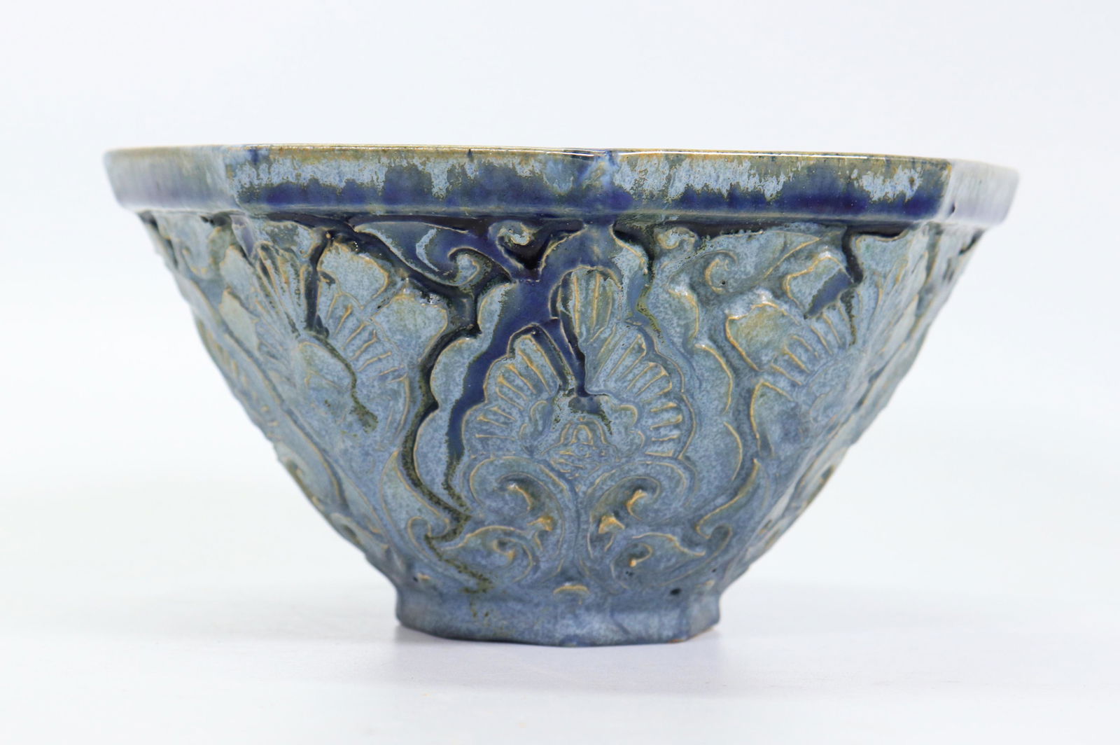 Artist Pottery Octagonal Ceramic Alchemy Mark: Artist Pottery Octagonal Bowl in blue and turquoise glaze over a buff ceramic, the Base with an incised Alchemy Mark. Height 3 1/4 inches (8.3 cm.) X diameter 6 1/2 inches (16.5 cm.).