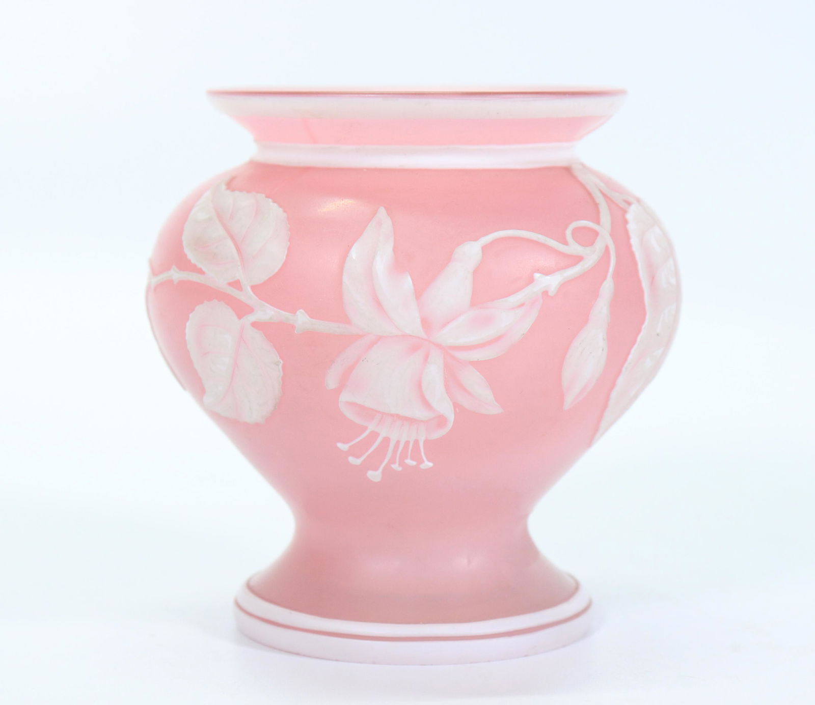 Thomas Webb Fuchsia Carved Cameo Art Glass Vase: Thomas Webb Fuchsia Carved Cameo Art Glass Vase in frosted white overlay on frosted pink; base and pontil mark polished and frosted. Height 3 3/4 inches (9 cm.).