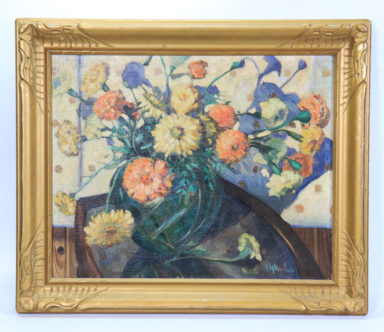 Modernist American Vase of Zinnias; Oil on Canvas (1 of 4)