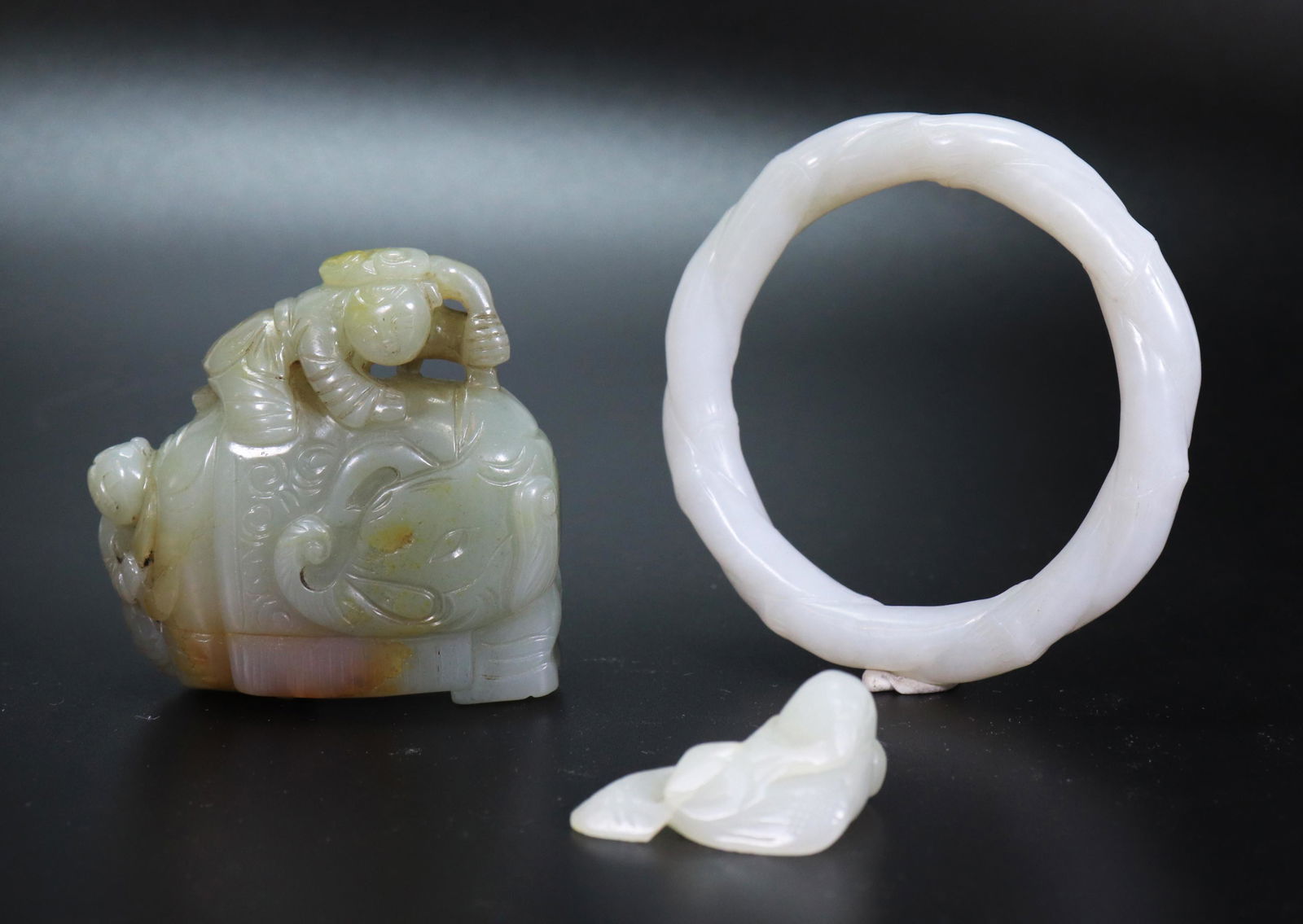 3 Chinese Jades: Bracelet, Bird, Elephant (1 of 9)