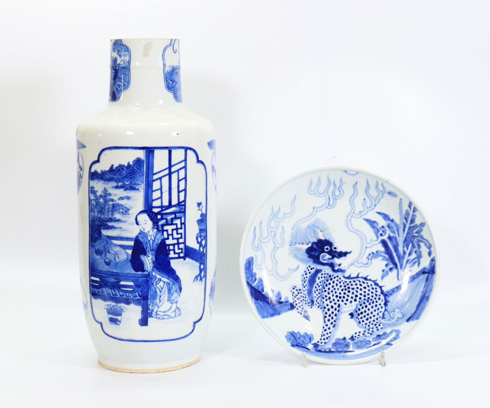 2 Chinese 19 C Blue White Porcelains; Vase, Plate (1 of 7)
