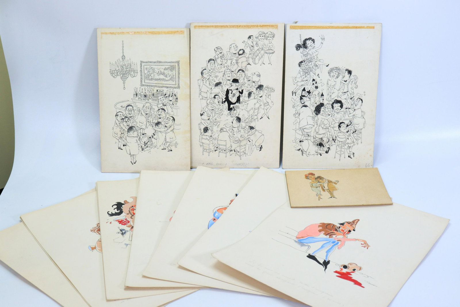 16 Vintage 1940 /1960 Hand Drawn Cartoons: 16 Vintage 1940 /1960 Hand Drawn Cartoons; 12 in ink and color on paper with comic Medieval-Themes unflattering to the French signed "Taveau 1943" (during the German occupation) and titled in pencil i