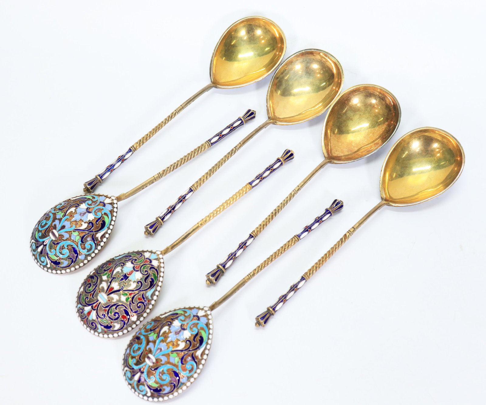 7 Russian 19 C Gilt-Silver Cloisonne Spoons; 466G (1 of 7)