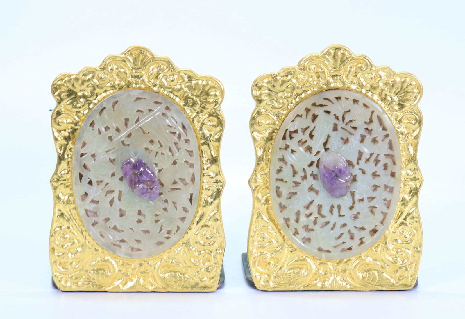 Pair Chinese Amethyst & Hardstone Book Ends (1 of 4)