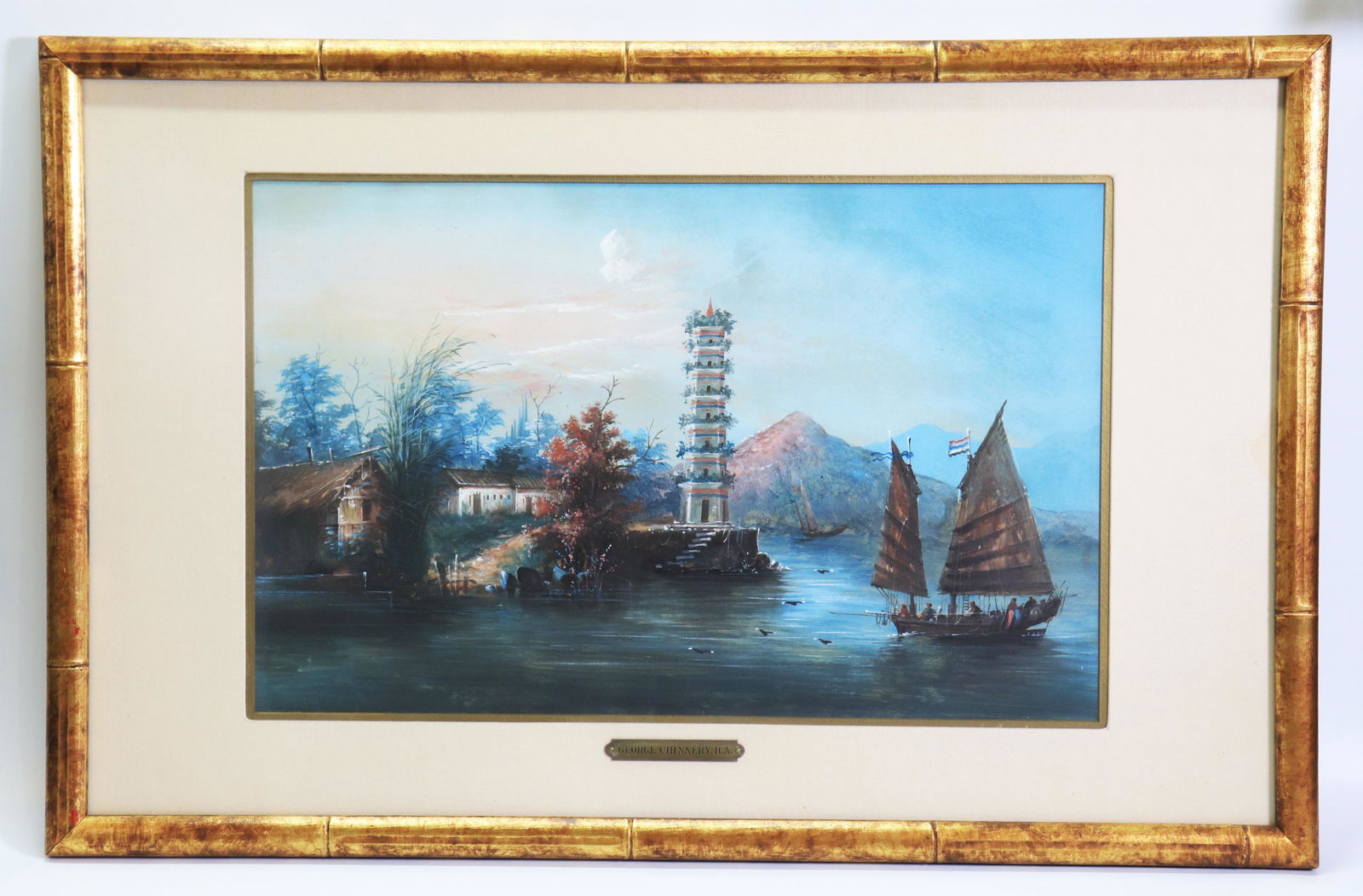 Chinese Qing Gouache Painting Pagoda Landscape: Chinese Qing Dynasty Gouache Painting on paper or board of a Pagoda Landscape with Chinese Ships. Matted and framed with an attribution to George Chinnery on label mounted to mat. Height of art 12 1/2