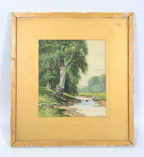 Charles Grant Davidson; Birch & Stream Watercolor: Charles Grant Davidson (1865 - 1945); Watercolor on paper or board, signed lower right corner "C G Davidson" Birch and Stream; matted and framed. Height 10 inches (25.5 cm.) X width 8 3/4 inches (22.2