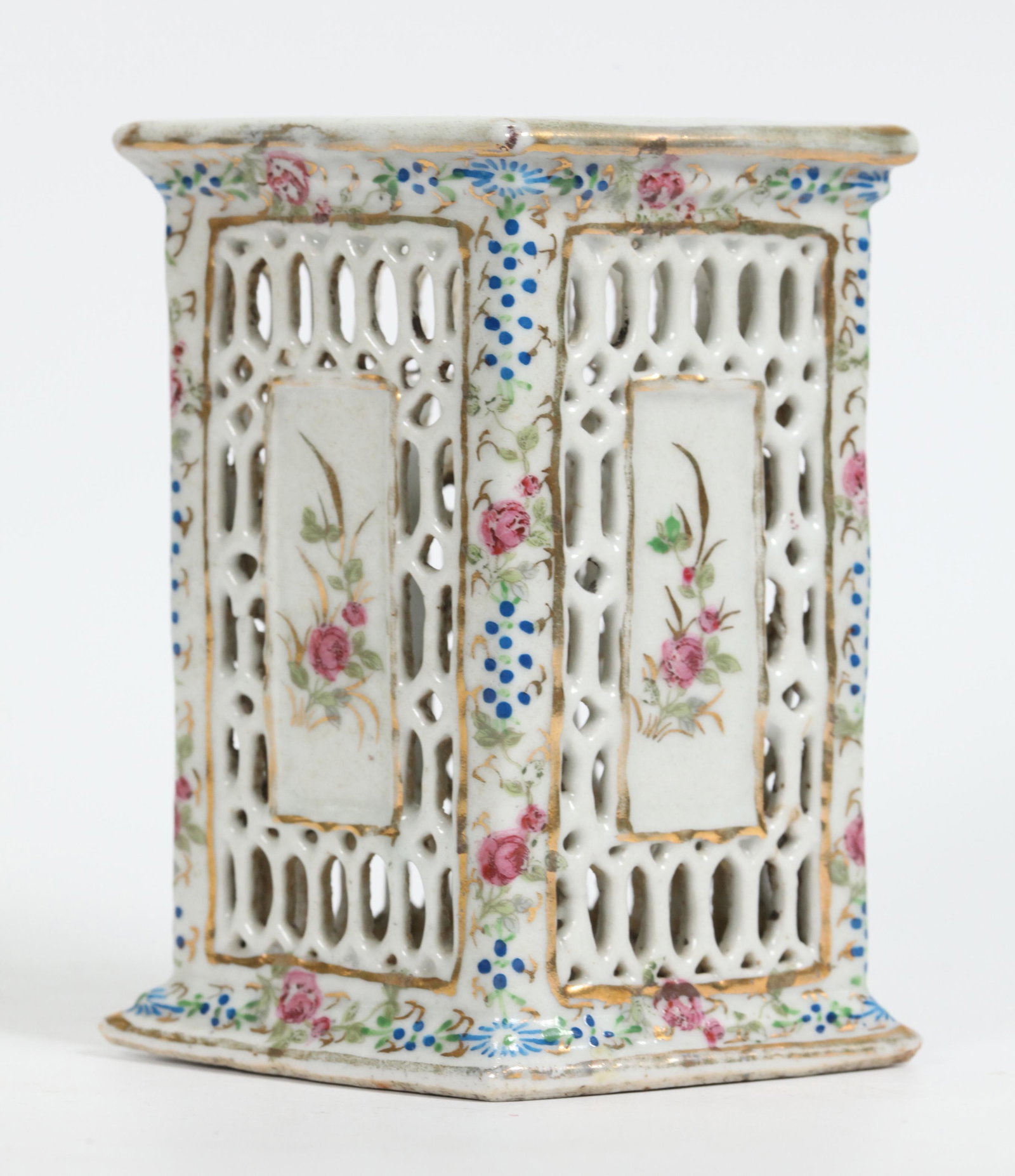 Chinese Openwork Trellis Porcelain Brush Pot: Chinese Openwork Trellis Pattern Porcelain Brush Pot (Bitong) in a 4 sided Lozenge shape with spreading mouth and foot, iron red seal mark to base.