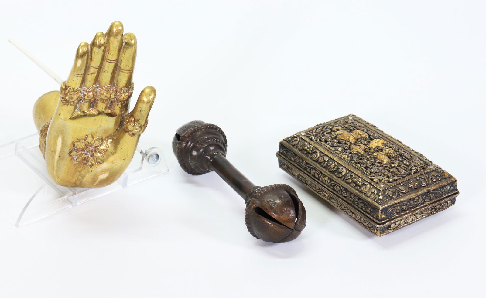 Tibetan Bronze Hinged Box, Rattle, SEA Buddha Hand (1 of 6)