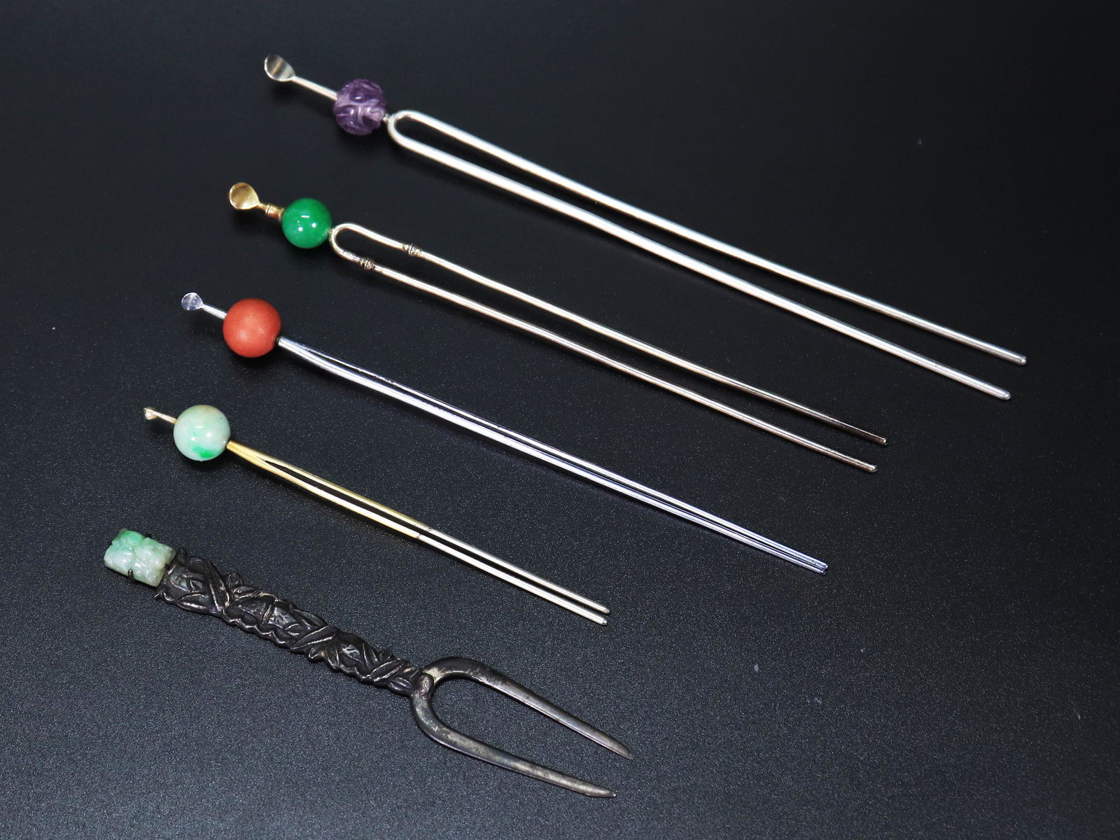 5 - Chinese Silver Hair Pins with Jadeite & Stones (1 of 7)