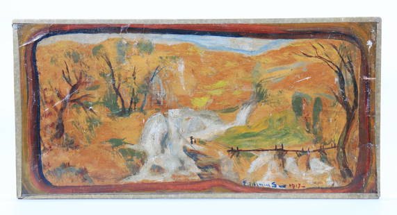 Louis Elshemius; Oil, Dream Landscape dated 1917: Louis Michel Eilshemius (New Jersey, 1864-1941); Dream Landscape, oil on paper mounted to board signed lower right edge "Elshemius - 1917". Height 9 1/4 inches (24.5 cm.) X width 18 3/4 inches (47.5