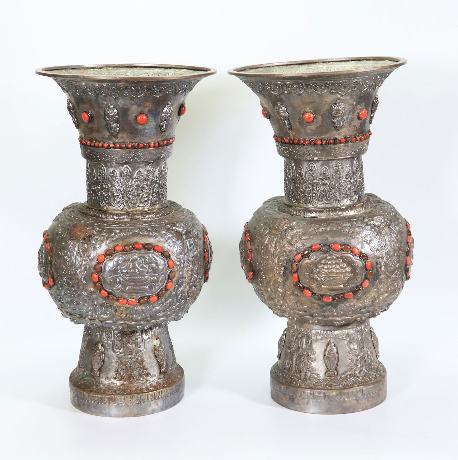 Pair Large Tibetan Silvered Bronze Altar Vases (1 of 8)