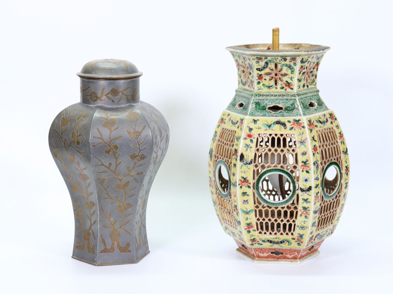 Chinese Porcelain Lantern; Pewter & Bronze Jar (1 of 4)
