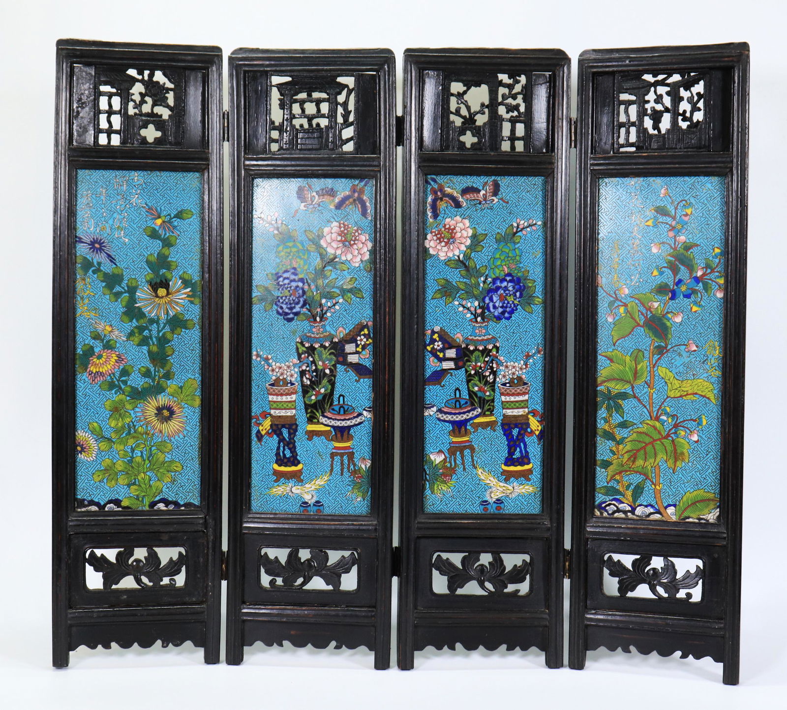 4 Panel Chinese Cloisonne & Hard Wood Table Screen (1 of 7)
