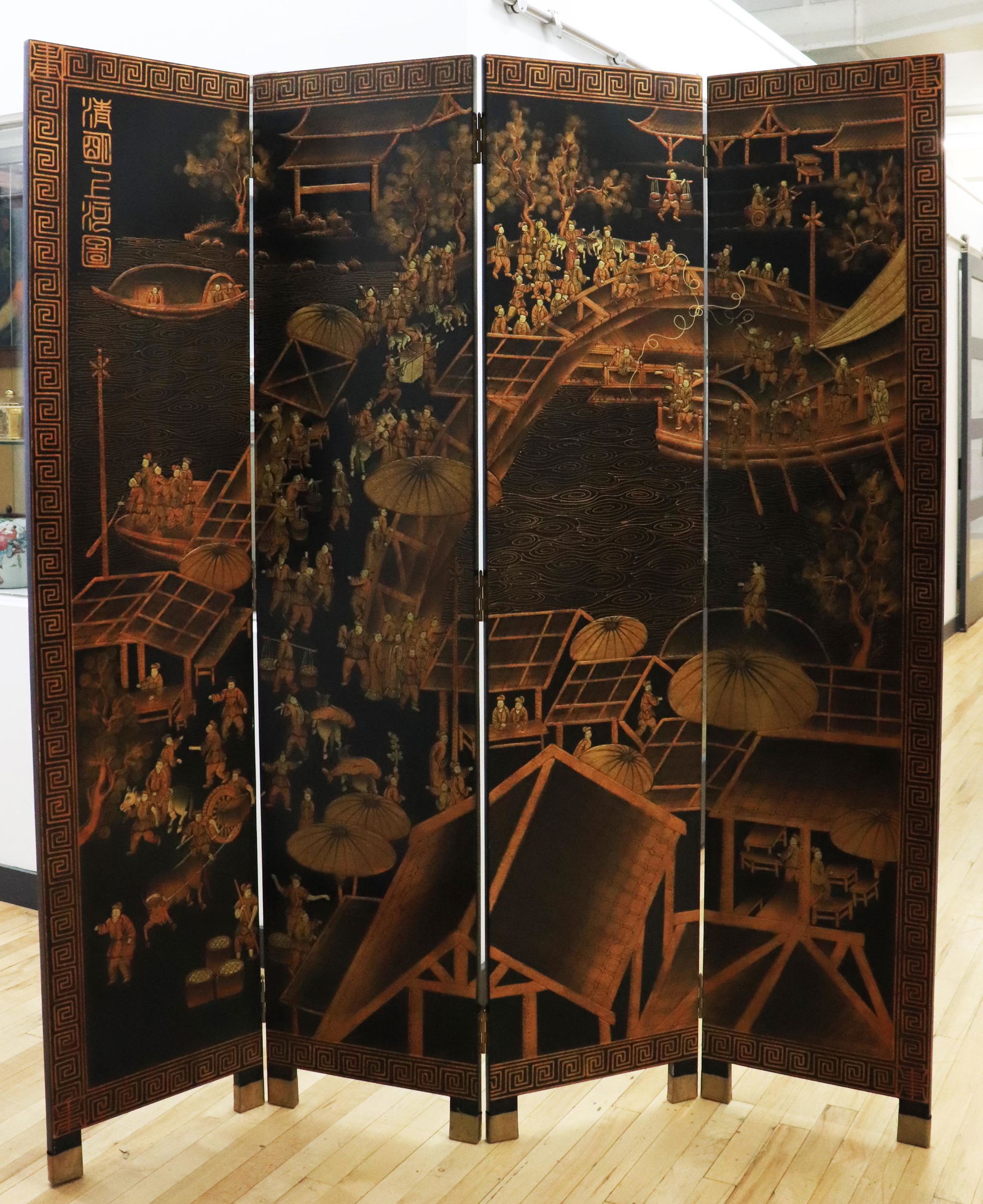 Chinese Black & Gold Lacquer 4 Panel Wood Screen (1 of 7)