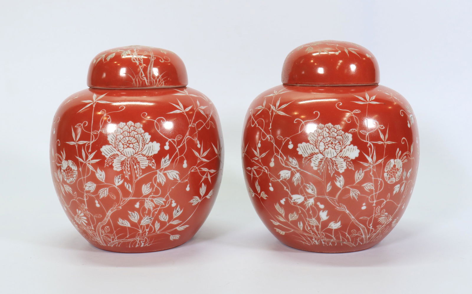 Pr Chinese Mirror Coral Enameled Porcelain Jars (1 of 5)