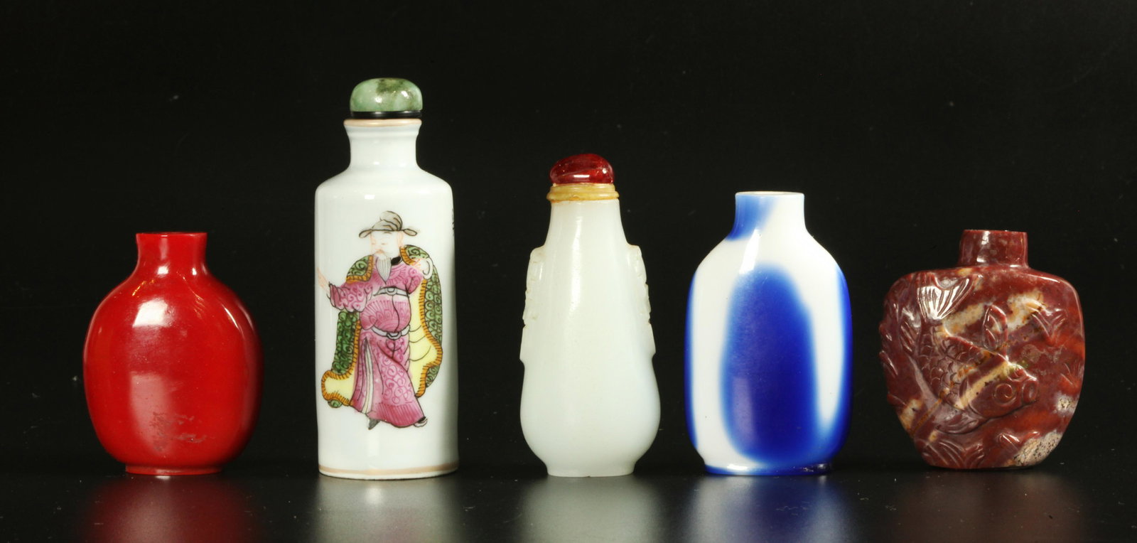 5 Chinese Snuff Bottles; Glass, Stone, Porcelain (1 of 7)