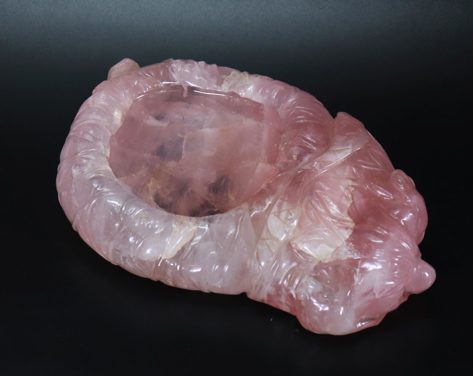 Chinese Pink Quartz Frog & Lotus Leaf Brush Washer (1 of 4)
