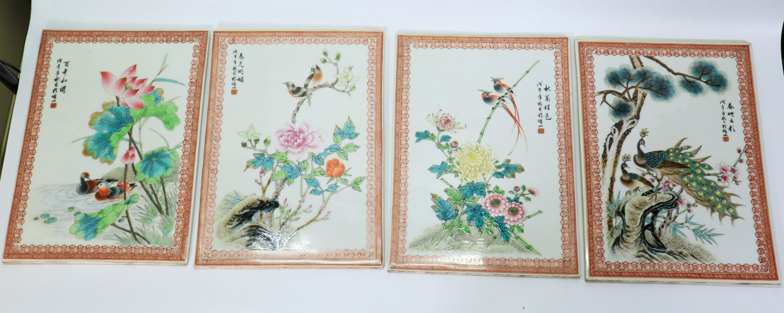 4 Chinese Porcelain Plaques Seasons Flowers Birds (1 of 7)