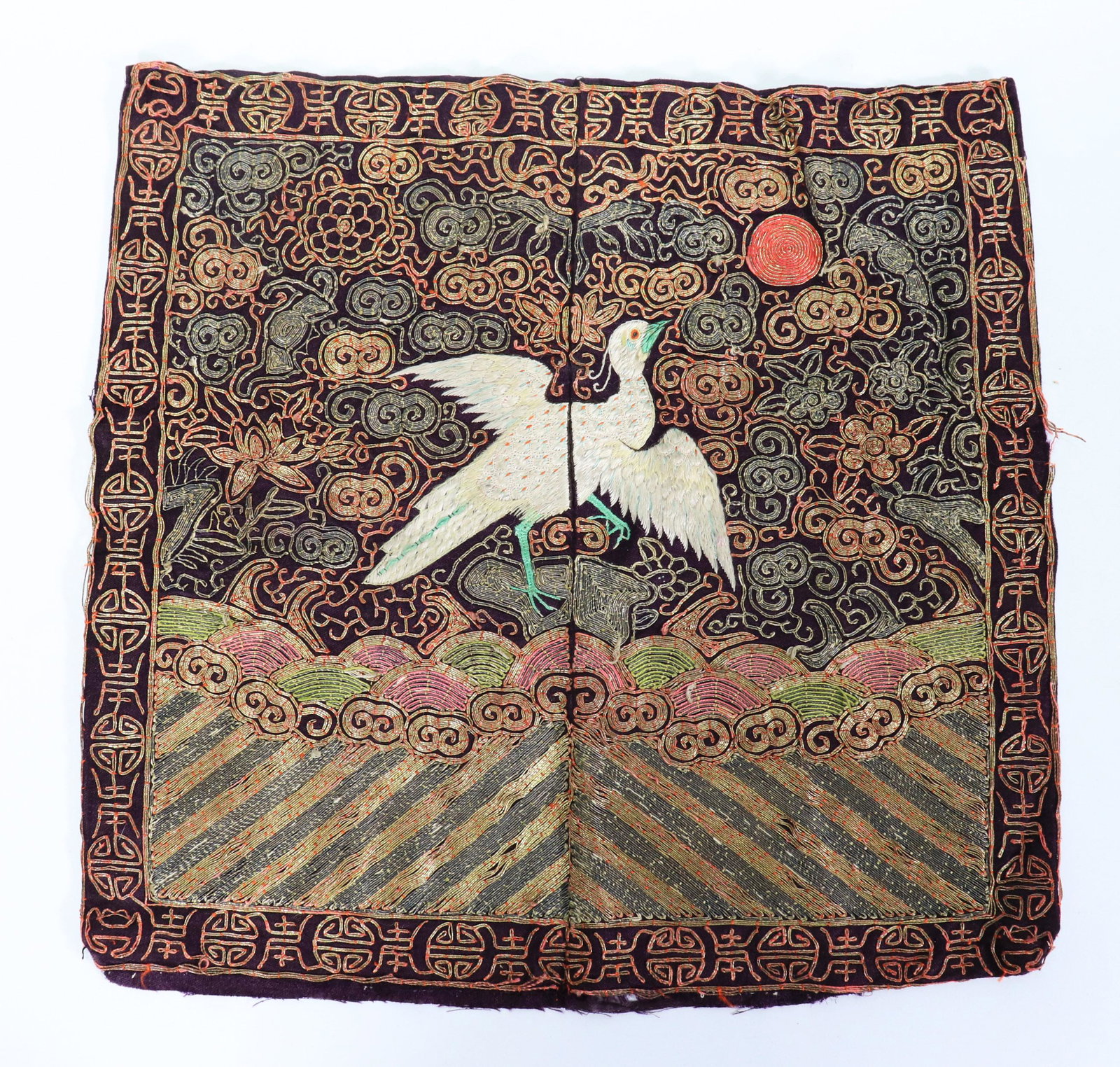 Chinese Qing Dynasty Civil White Bird Rank Badge: Chinese Qing Dynasty Civil White Bird Rank Badge (probably a Silver Pheasant) front badge with vertical seam opening, the embroidery mostly with laid gold wrapped threads held in place with colored st