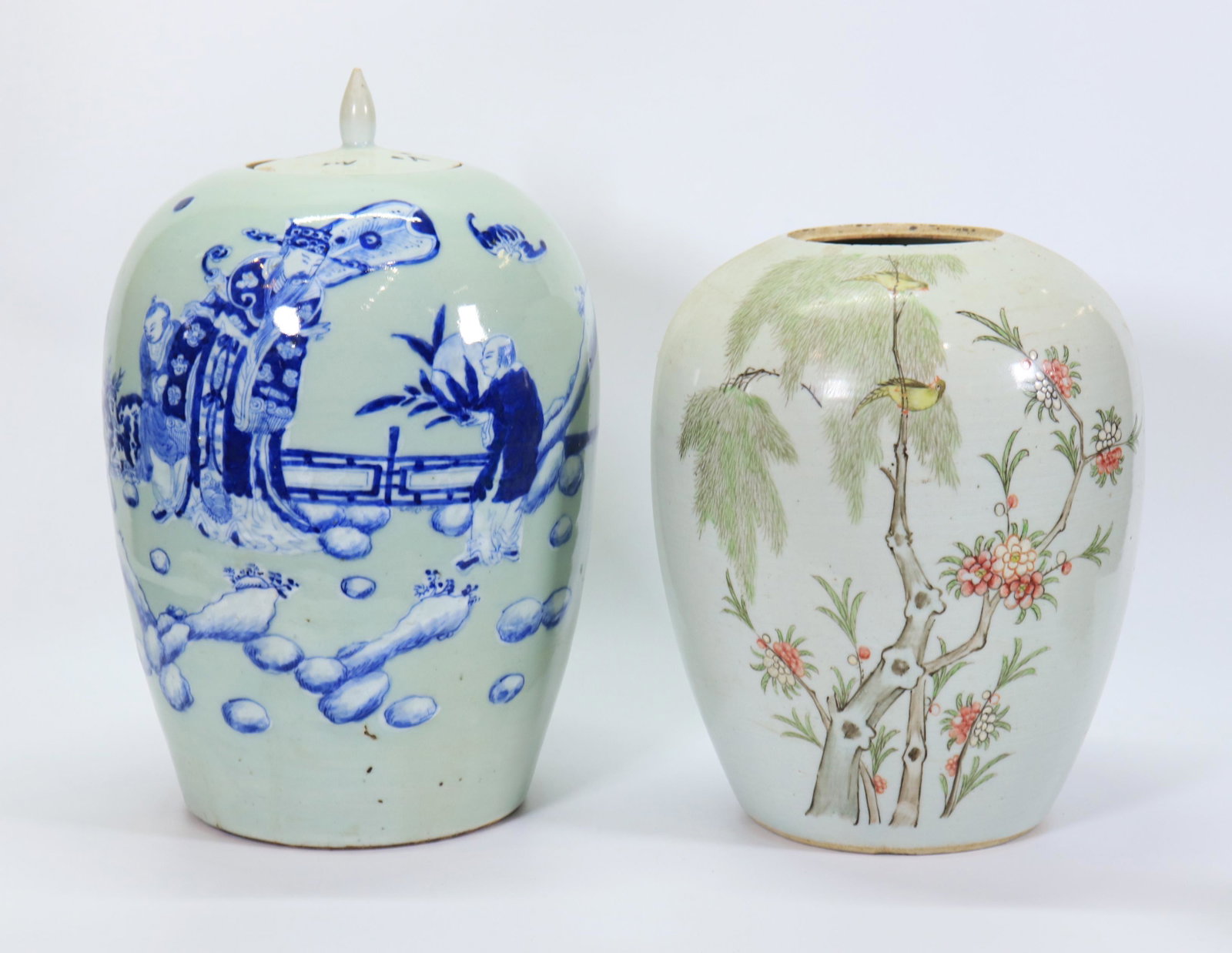 2 Chinese 19th C Jars; Blue & Celadon, Enamel: 2 Chinese 19th C Jars; Blue over white slip on Celadon with a Deer, a Scholar, 2 Boys, a Peach & Bat, the cover with calligraphy; together with an Enamel decorated jar with 2 yellow birds on flowering