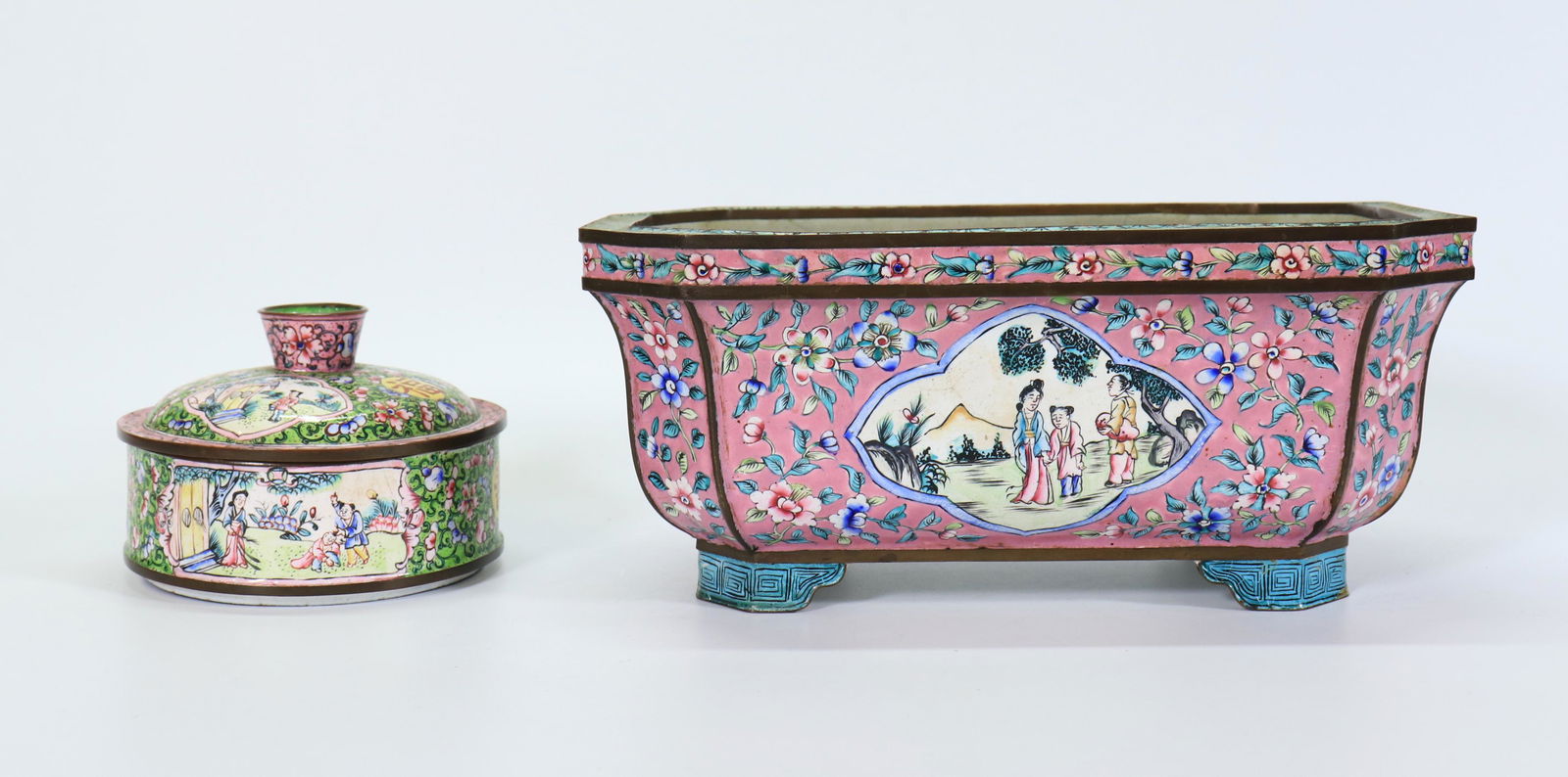 2 Chinese 19th C Canton Enamels; Planter & Box (1 of 6)