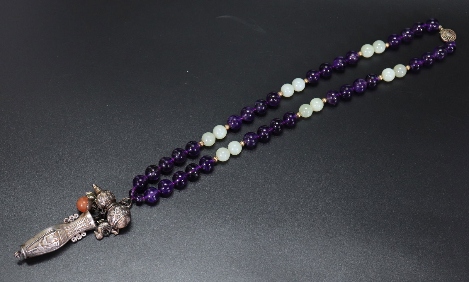 Chinese Amethyst Gold Jade Silver Pendant Necklace (1 of 6)