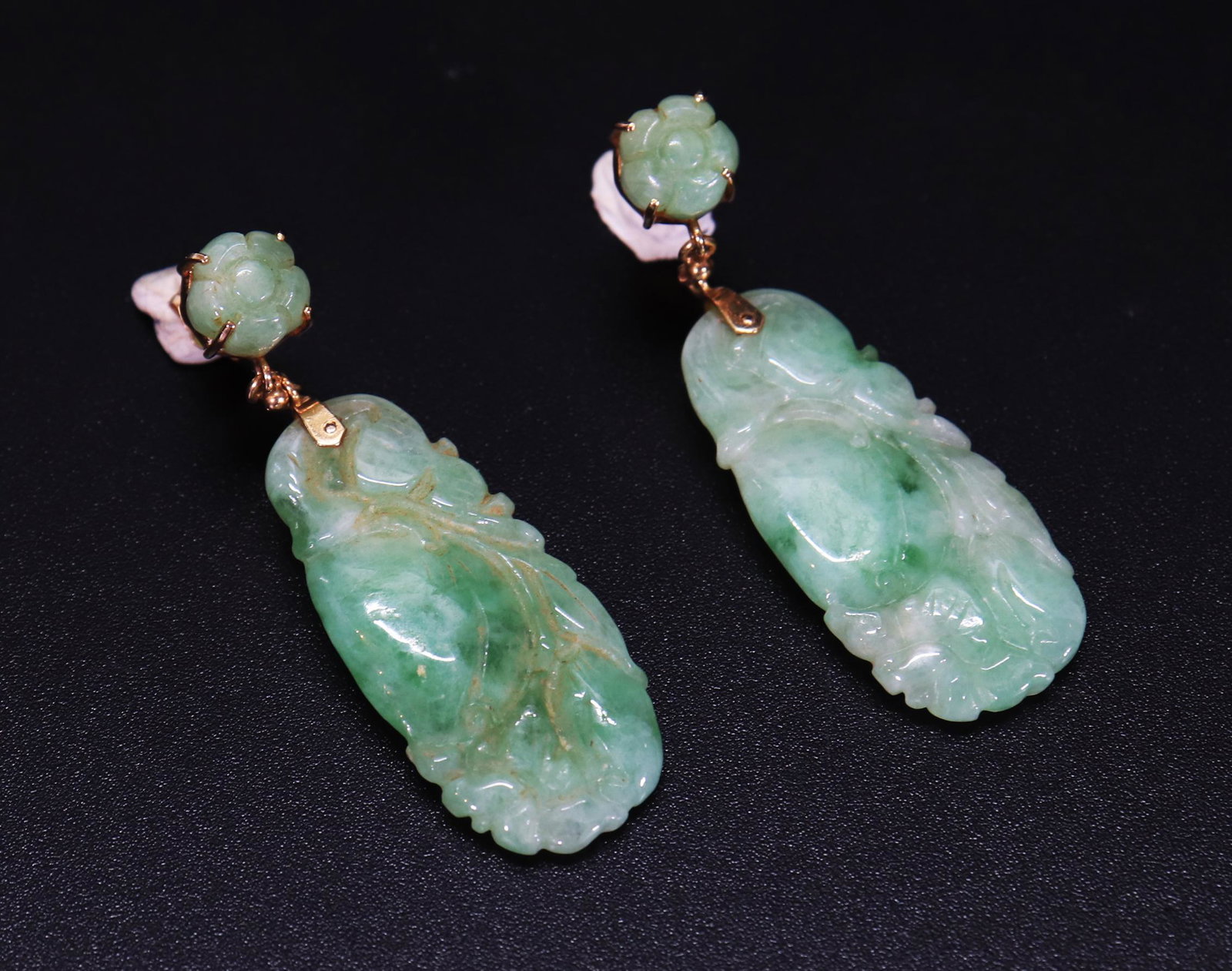 Pr Chinese Qing Apple Green Jadeite 14K Earrings (1 of 4)