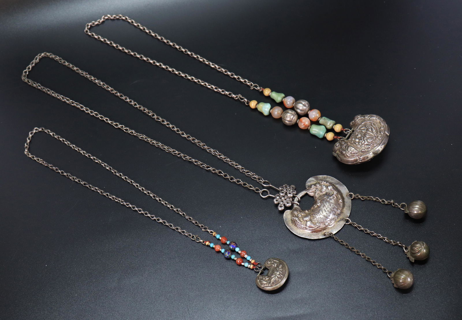 3 Chinese Silver "Lock" Pendants on Silver Chains (1 of 8)