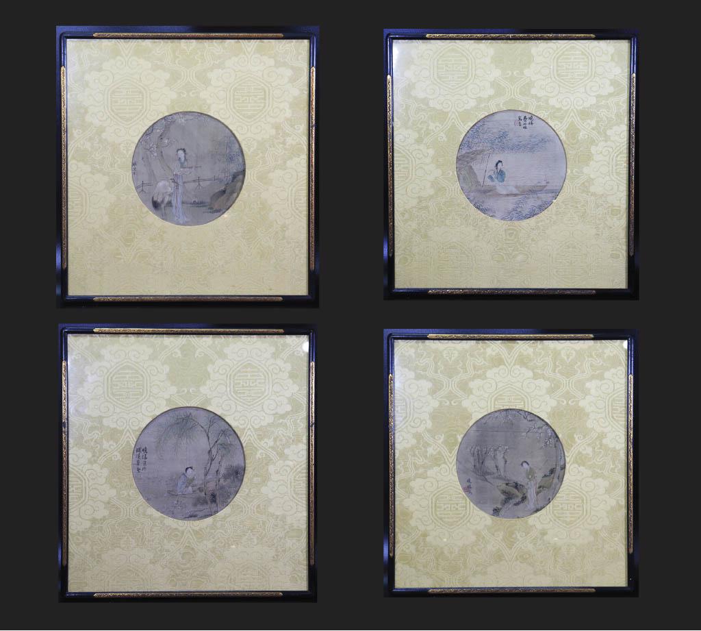 Xiao Lou; 4 Chinese Moon-Fan Ink Paintings on Silk (1 of 10)