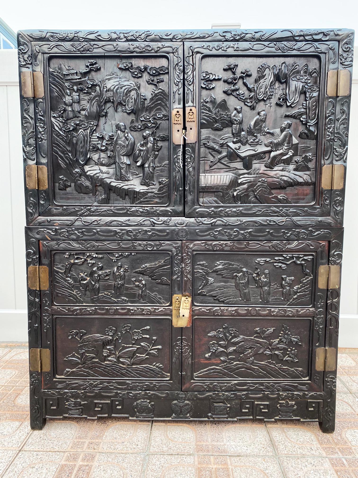 Chinese Carved Hard Wood 4 Door 2 Part Cabinet (1 of 6)