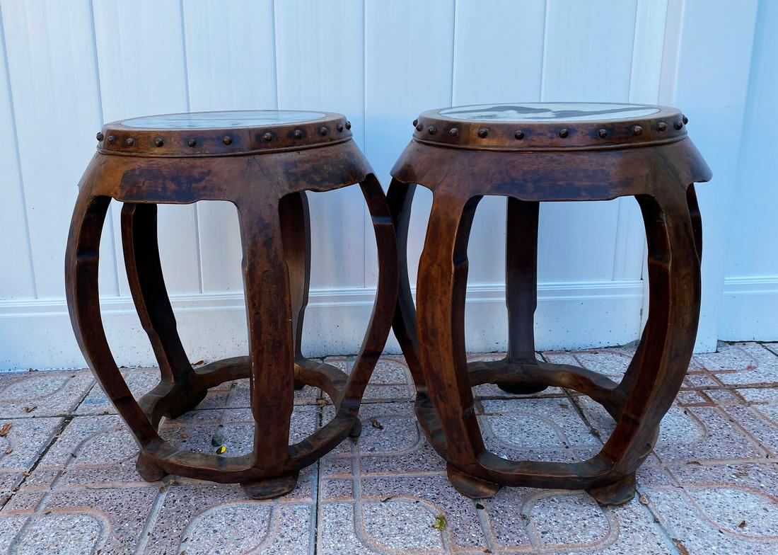 Pr Chinese Marble & Hard Wood Barrel Garden Seats (1 of 6)